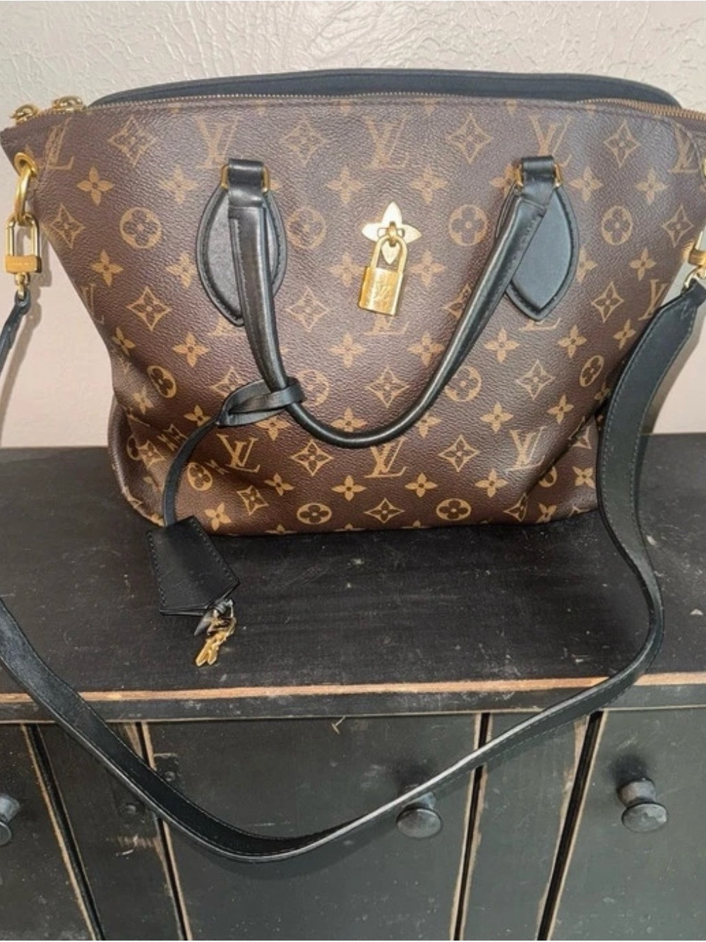 Louis Vuitton Monogram Canvas Shoulder Bag with Black Trim and Gold Hardware
